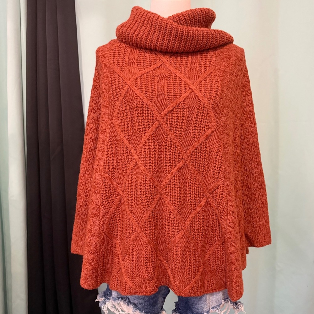 Cable Knit Turtleneck Poncho Rust Orange OS Boho Chic Fall Cape Sweater Academia